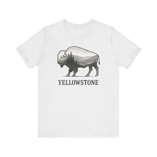 White t-shirt with a graphic of a bison and 'Yellowstone' text on a white background