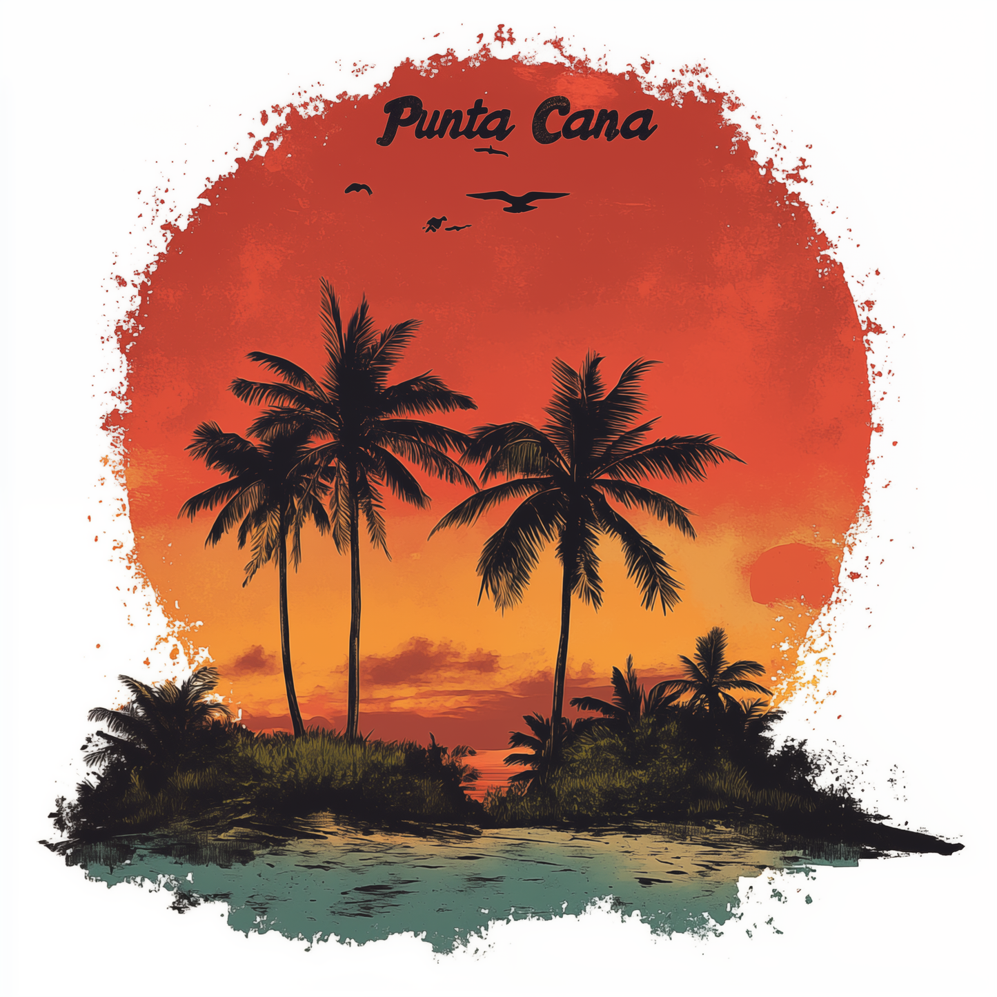 A graphic design showing two palm trees on the background of a sunset over Punta Cana's beach