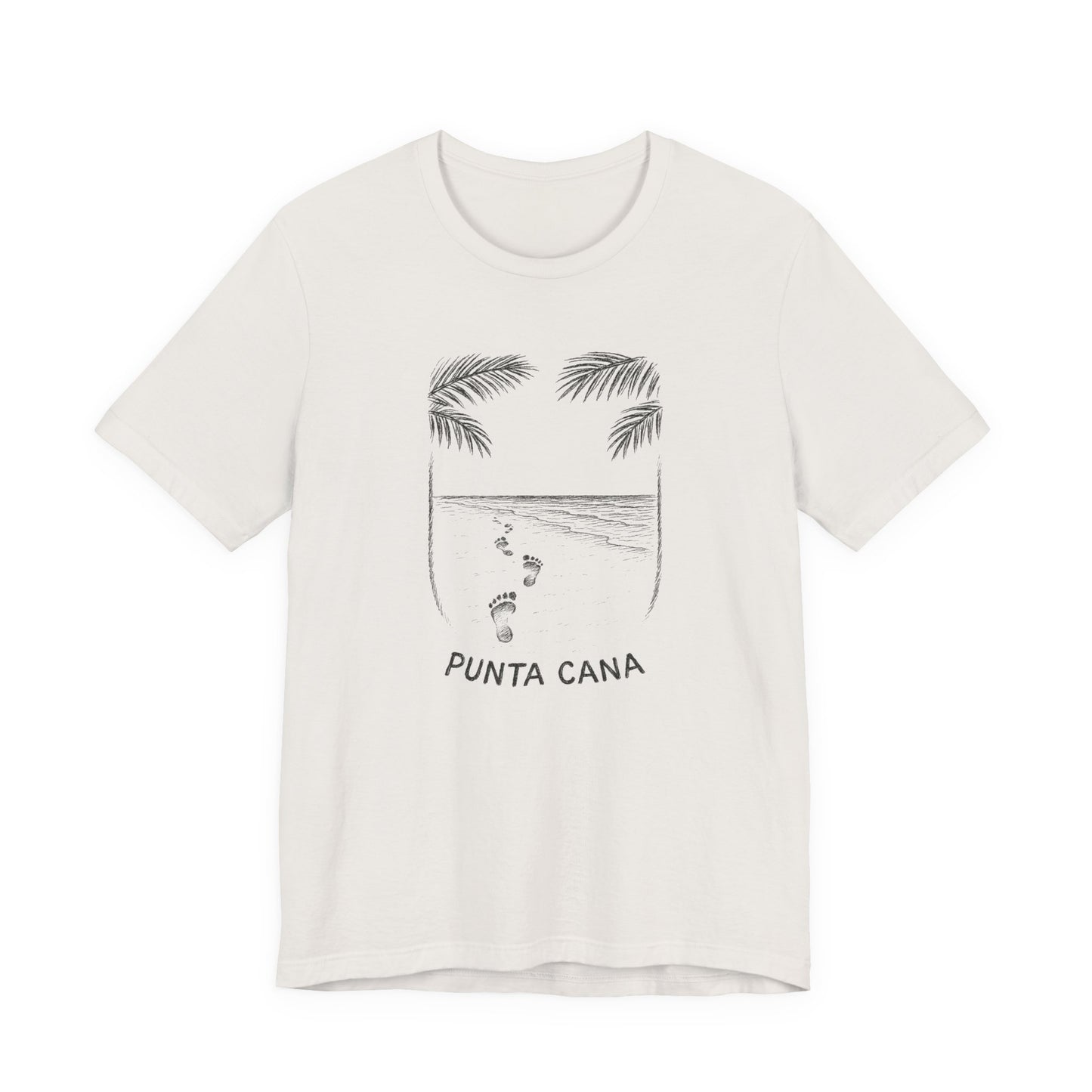 Hand-Drawn Sketch of footprints in sand leading to the ocean, framed by palm fronds in charcoal ink, with 'PUNTA CANA' written in the sand, evoking a personal beach walk.