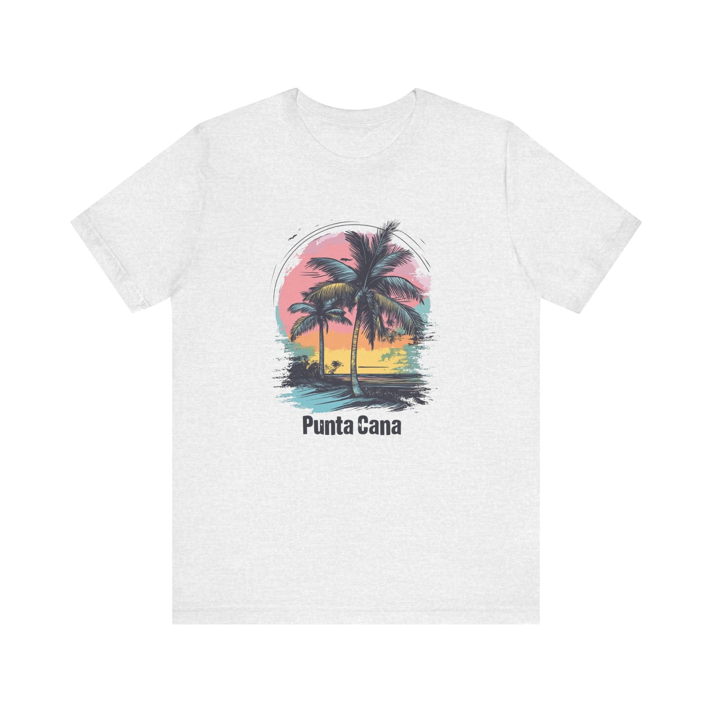 An ash colored T-shirt with a vibrant color design featuring palm trees and the text 'Punta Cana' on the front.
