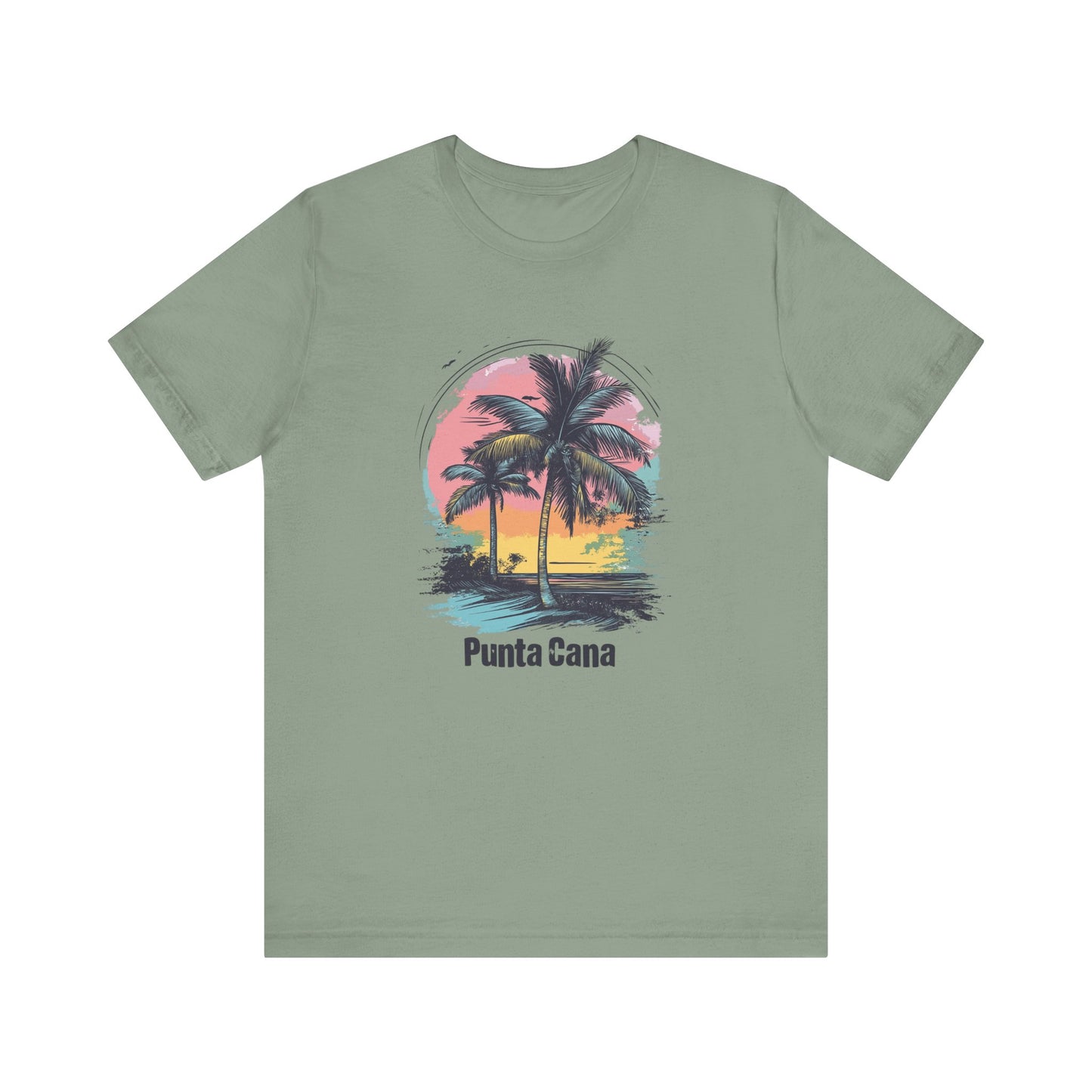 A green sage T-shirt with a vibrant color design featuring palm trees and a sunset with the text 'Punta Cana' on it.
