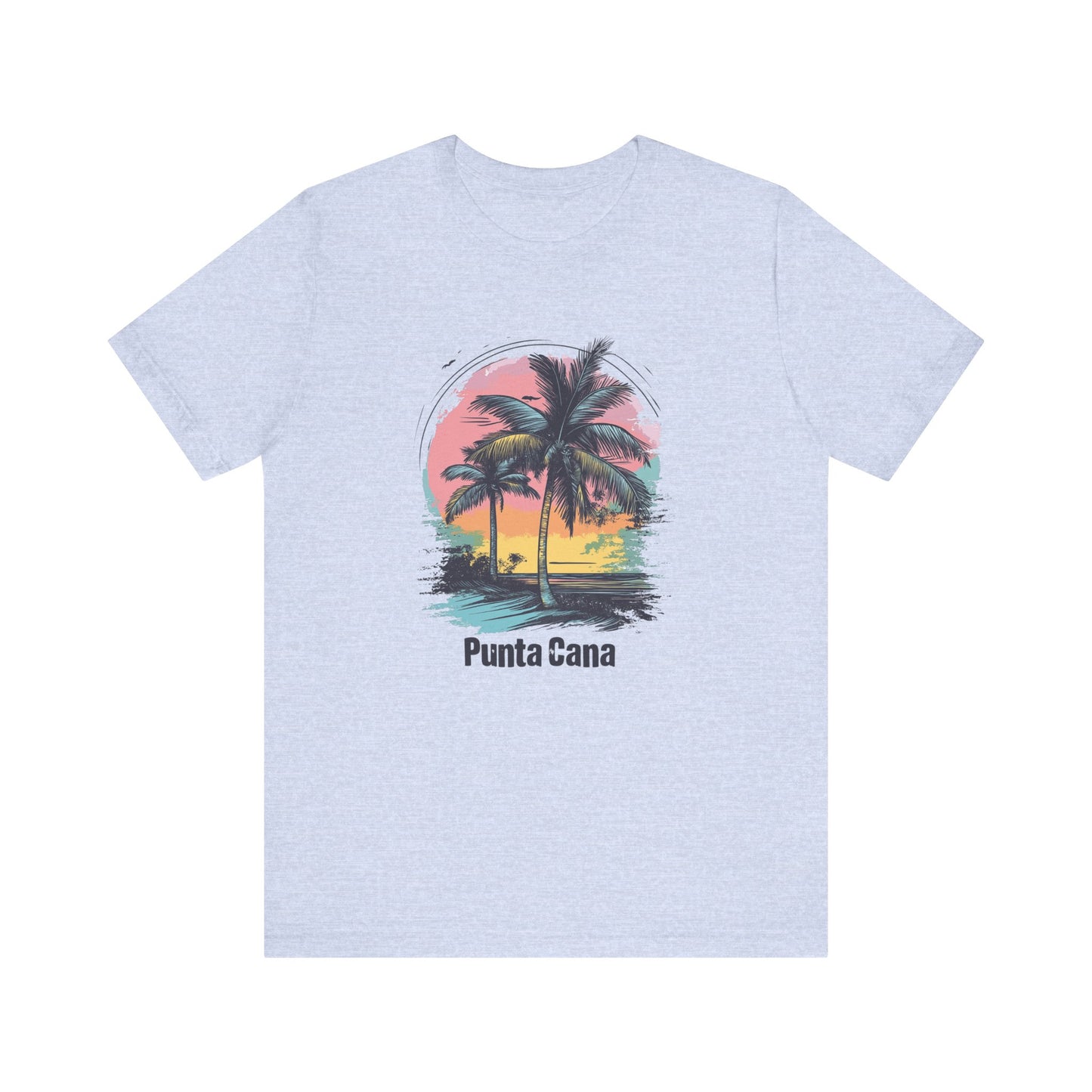 A heather prism blue T-shirt with a vibrant color design featuring palm trees and the text 'Punta Cana' on the front.