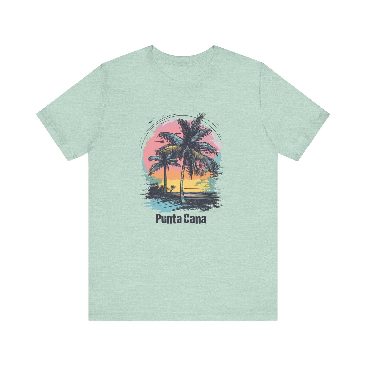 A mint green Punta Cana T-shirt with a vibrant color design featuring palm trees and a sunset on the front.