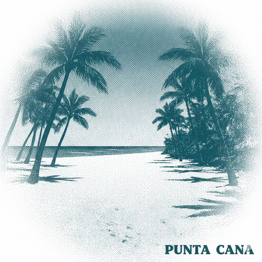 Monochromatic Halftone Screen Print of a beach perspective fading into dots, in deep aqua, with 'PUNTA CANA' text, suggesting an endless, nostalgic coastline.
