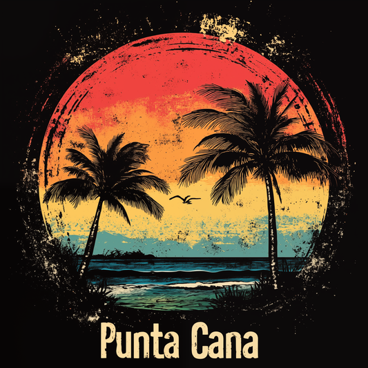 A stapm style graphic design of a beach in Punta Cana at sunset with two Palm Trees and the beach