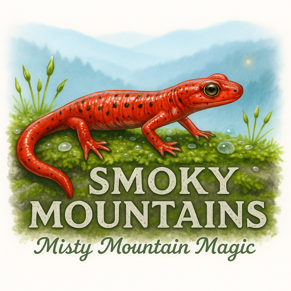 Macro red salamander on moss with stone Smoky Mountains text