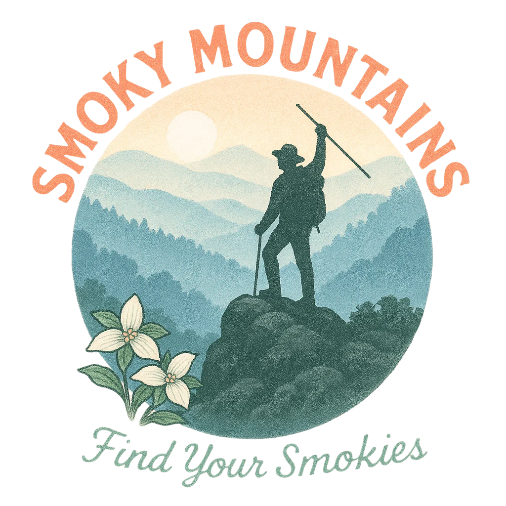 Sunrise hiker on misty Smoky Mountain ridges with Find Your Smokies text