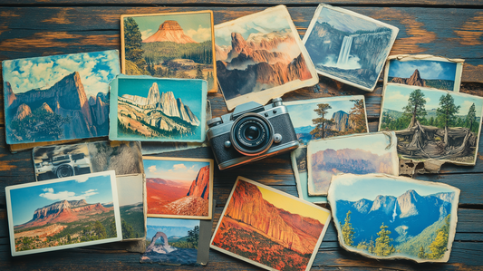 A rustic wooden table displaying a collage of vintage-style postcards from iconic US national parks, with a retro camera in the center