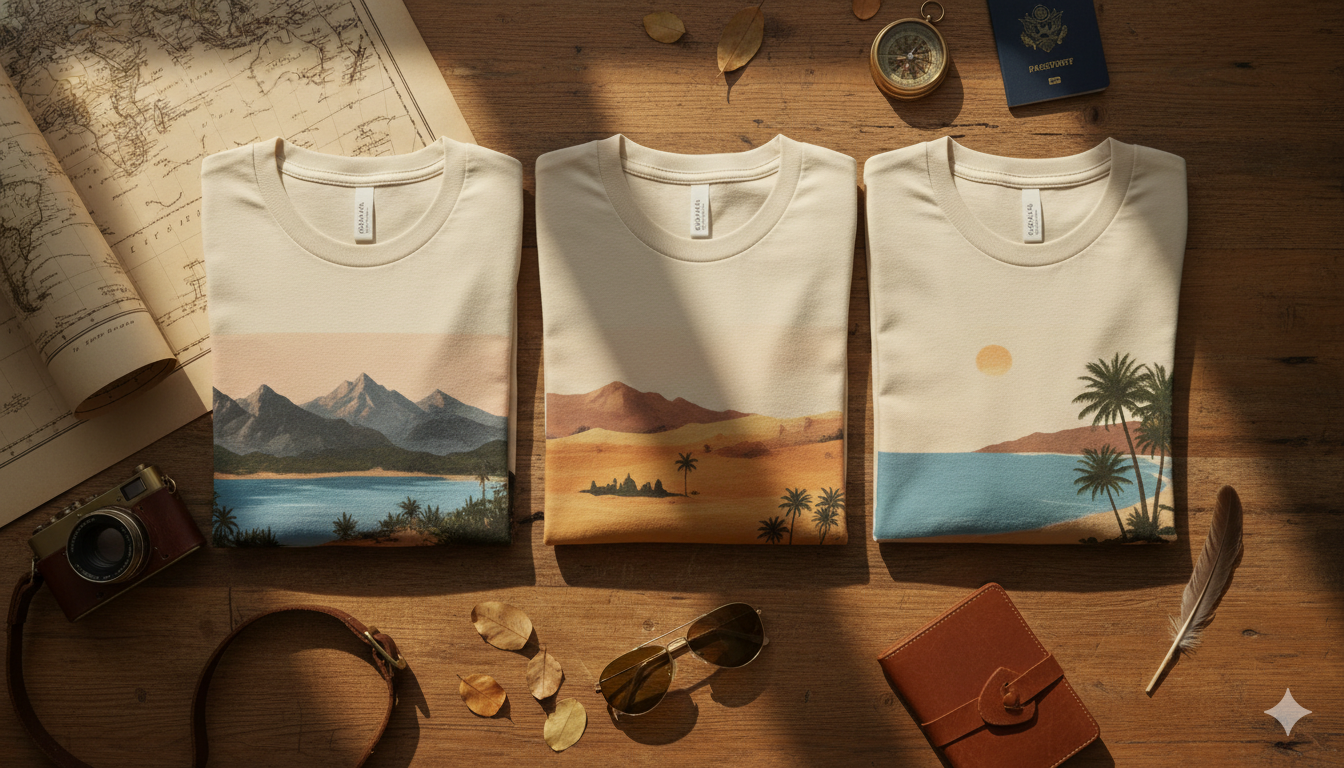 Cinematic flatlay of folded travel-themed t-shirts with warm light and subtle travel props suggesting top-selling designs