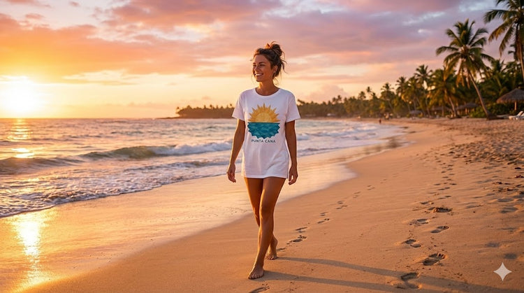 A woman walking on the beach in Punta Cana at sunset wearing a travel tee t-shirt