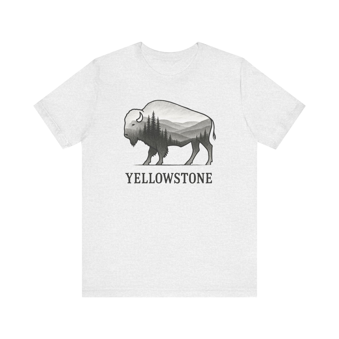 White t-shirt with a graphic of a bison and 'Yellowstone' text on a white background