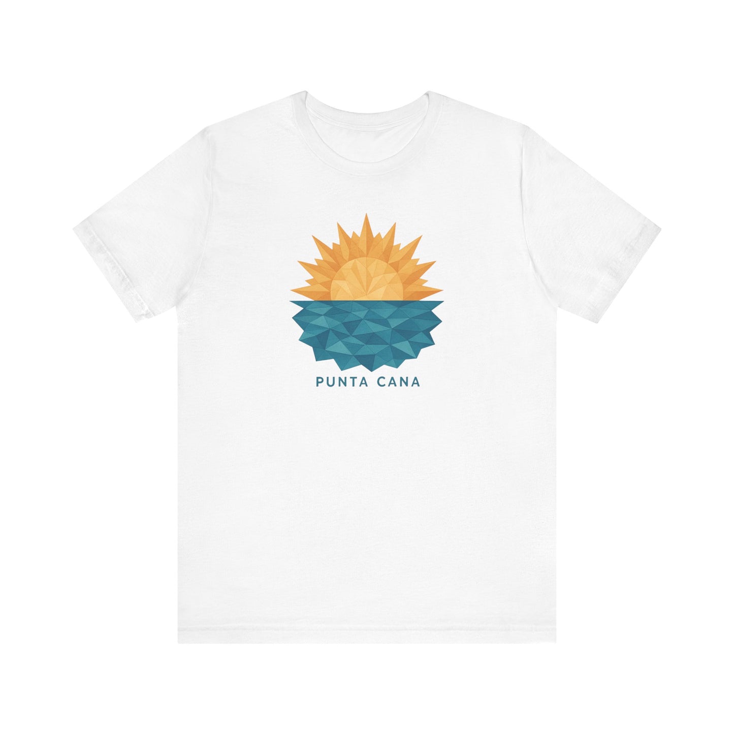 A t-shirt with Low Polygon illustration of a sunburst over geometric ocean waves in gold, orange, and blue, with jagged edges and 'PUNTA CANA' text