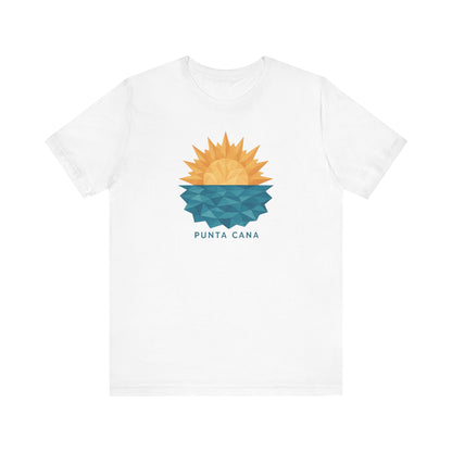 A t-shirt with Low Polygon illustration of a sunburst over geometric ocean waves in gold, orange, and blue, with jagged edges and 'PUNTA CANA' text