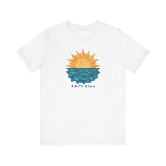 A t-shirt with Low Polygon illustration of a sunburst over geometric ocean waves in gold, orange, and blue, with jagged edges and 'PUNTA CANA' text