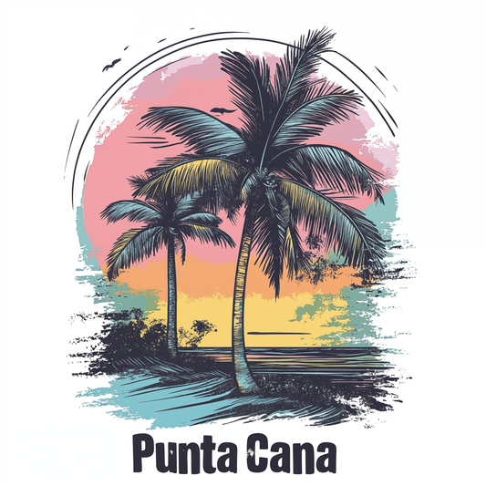 A Graphic design of Punta Cana showing a palm tree and a beach at sunset