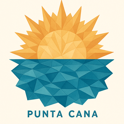 Low Polygon illustration of a sunburst over geometric ocean waves in gold, orange, and blue, with jagged edges and 'PUNTA CANA' text, suggesting radiant energy.