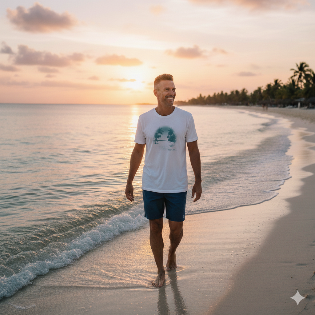 A man walking on the beach at Punta Cana wearing Monochromatic Halftone Screen Print of a beach with 'PUNTA CANA' text, suggesting an endless, nostalgic coastline.