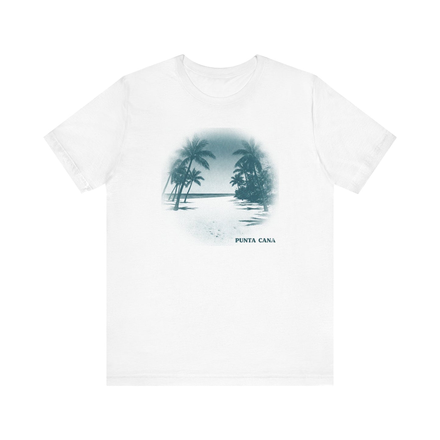  A t-shirt with Monochromatic Halftone Screen Print of a beach perspective fading into dots, in deep aqua, with 'PUNTA CANA' text