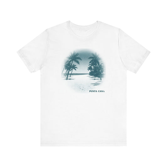  A t-shirt with Monochromatic Halftone Screen Print of a beach perspective fading into dots, in deep aqua, with 'PUNTA CANA' text