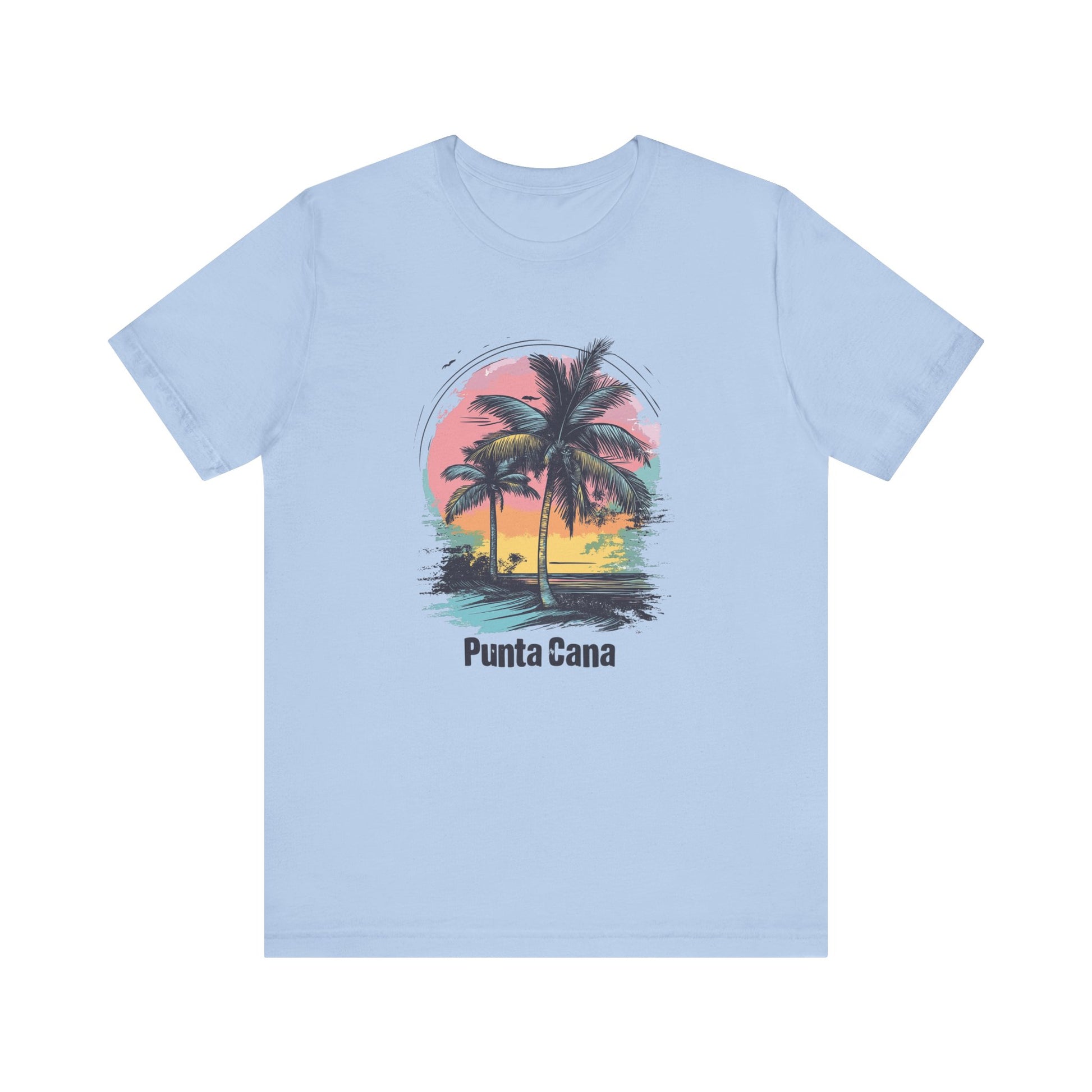 A baby blue t-shirt with a vibrant color design featuring palm trees and the text 'Punta Cana' on the front.