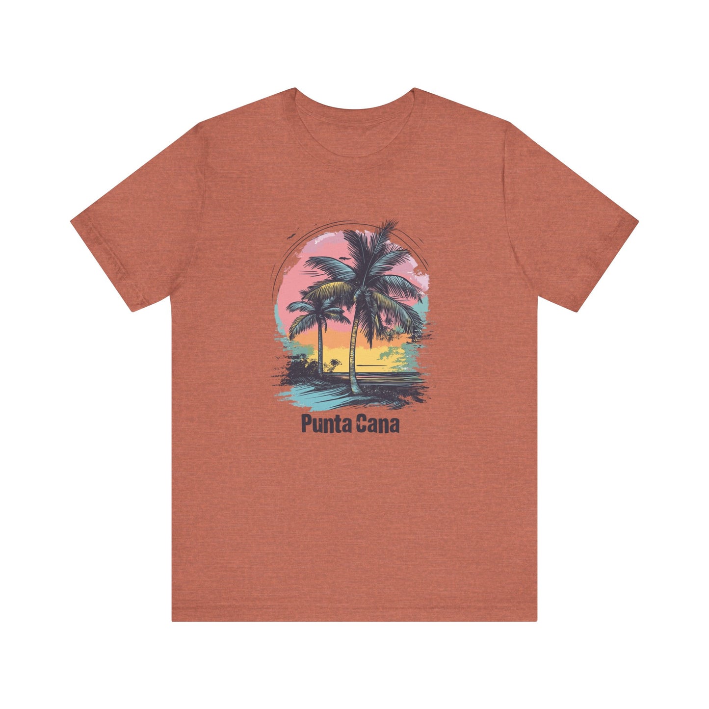 A clay brown T-shirt with a vibrant color design featuring palm trees and a sunset with the text 'Punta Cana' on it.