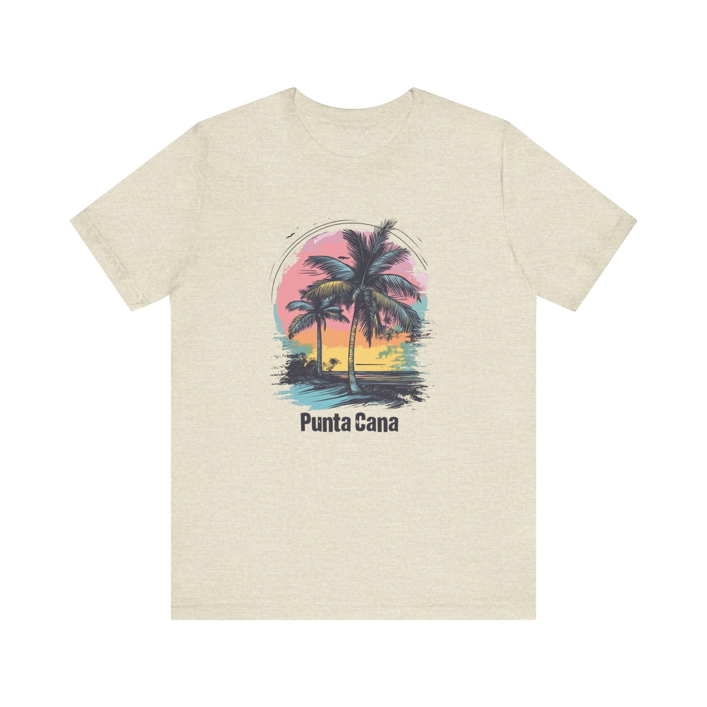 A heather prism natural T-shirt with a vibrant color design featuring palm trees and a sunset with the text 'Punta Cana' on it.