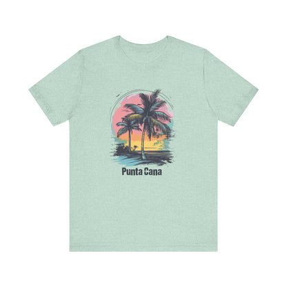 A mint green Punta Cana T-shirt with a vibrant color design featuring palm trees and a sunset on the front.
