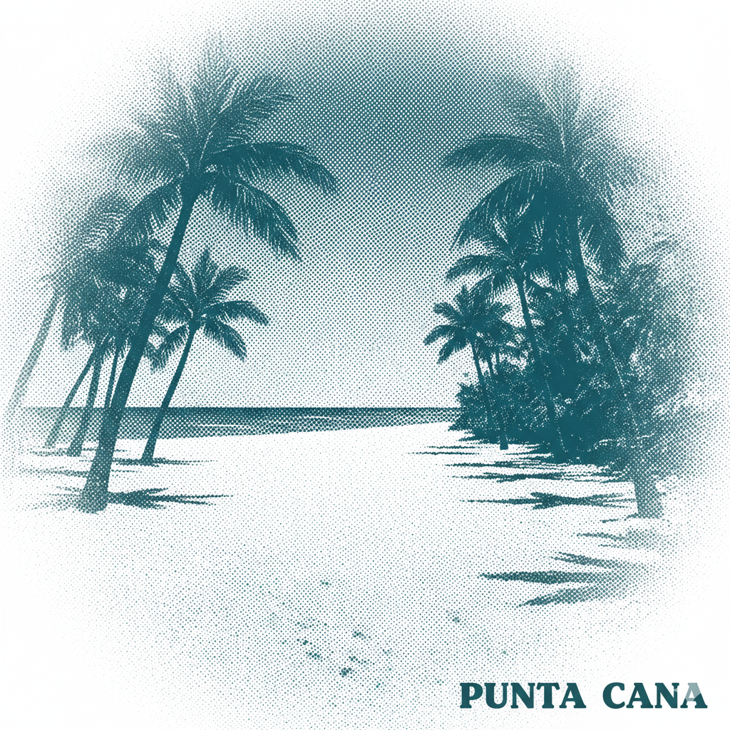 Monochromatic Halftone Screen Print of a beach perspective fading into dots, in deep aqua, with 'PUNTA CANA' text, suggesting an endless, nostalgic coastline.