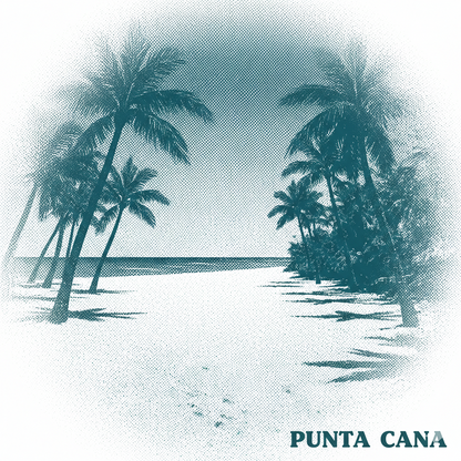 Monochromatic Halftone Screen Print of a beach perspective fading into dots, in deep aqua, with 'PUNTA CANA' text, suggesting an endless, nostalgic coastline.