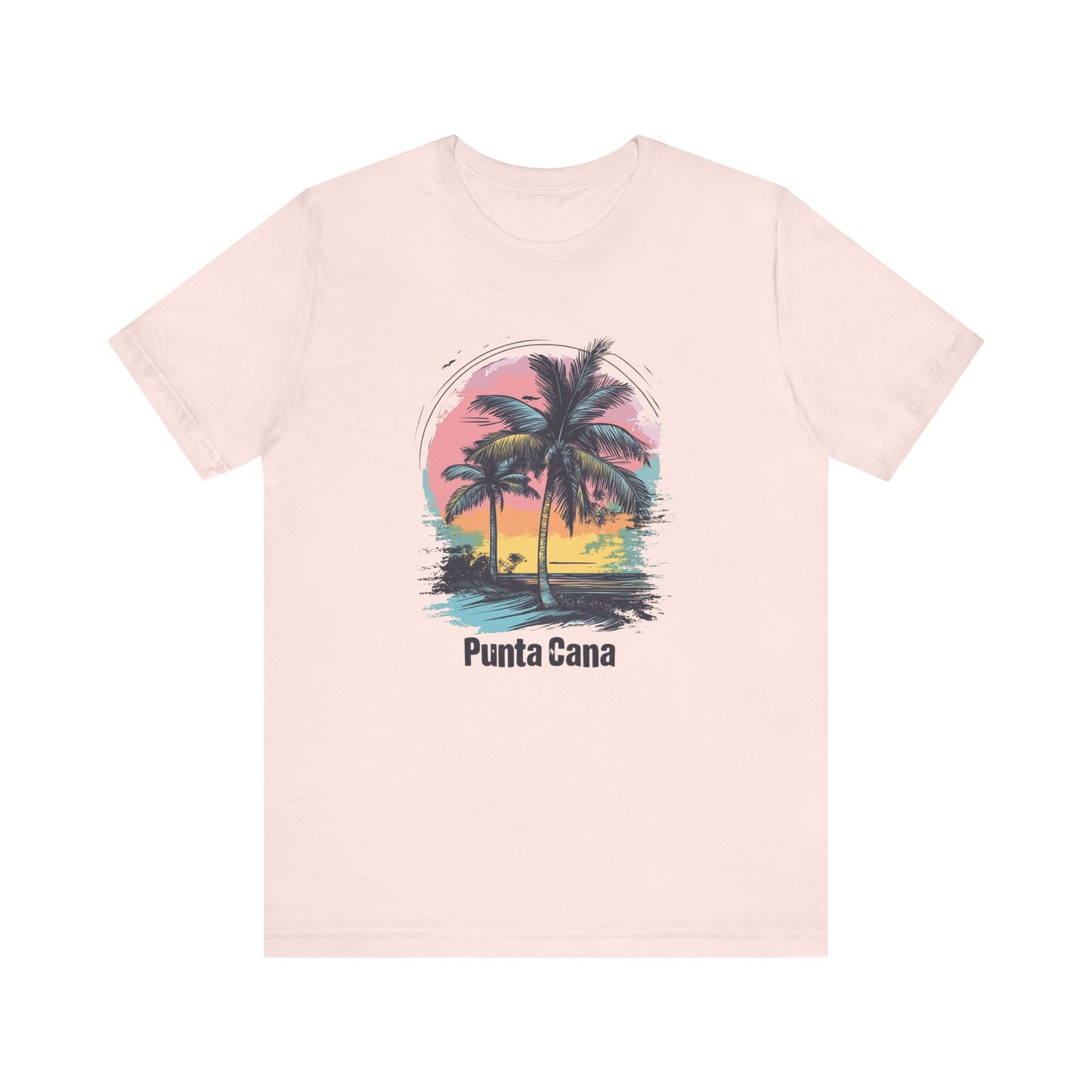 A pink T-shirt with a vibrant color design featuring palm trees and the text 'Punta Cana' on the front.