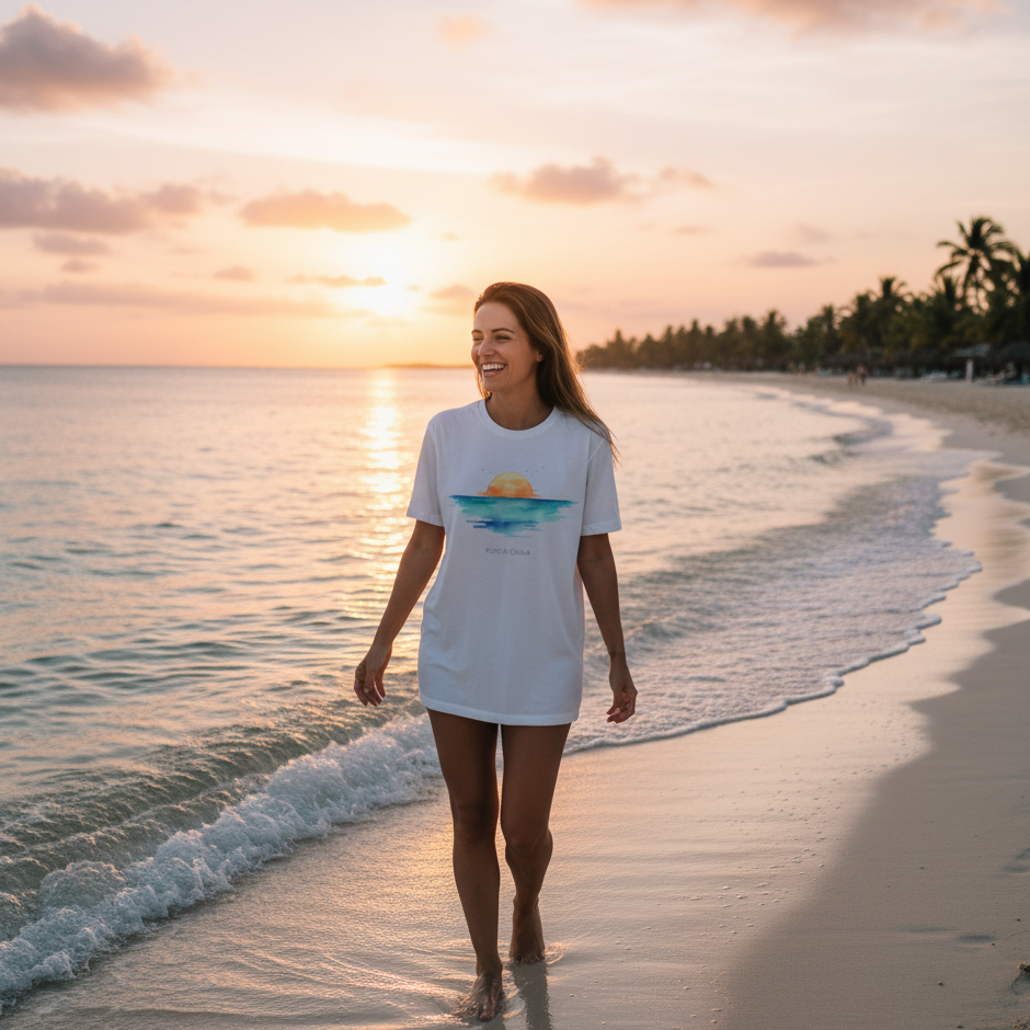 Woman walking on a beach at sunset with a scenic sunset punta cana t-shirt