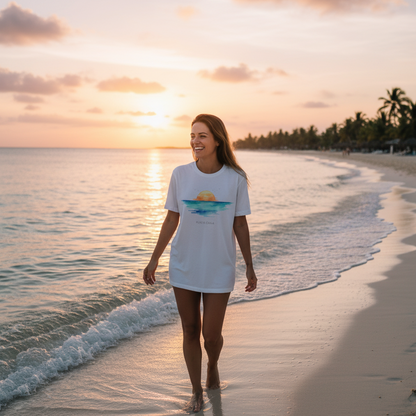 Woman walking on a beach at sunset with a scenic sunset punta cana t-shirt