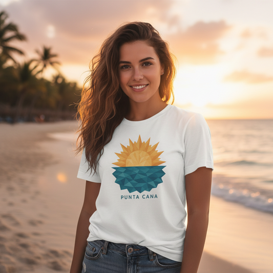 A woman model wearing a punta cana t-shirt design of a sunset