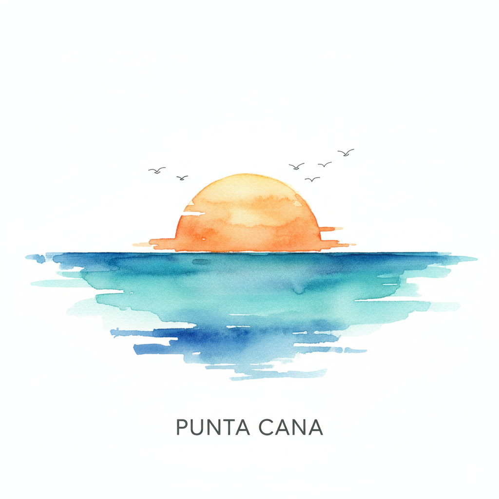 Watercolor and Ink Line Art of a sunset with organic, fading water edges in turquoise and blue, with 'PUNTA CANA' text, creating a serene, non-boxy ocean view.