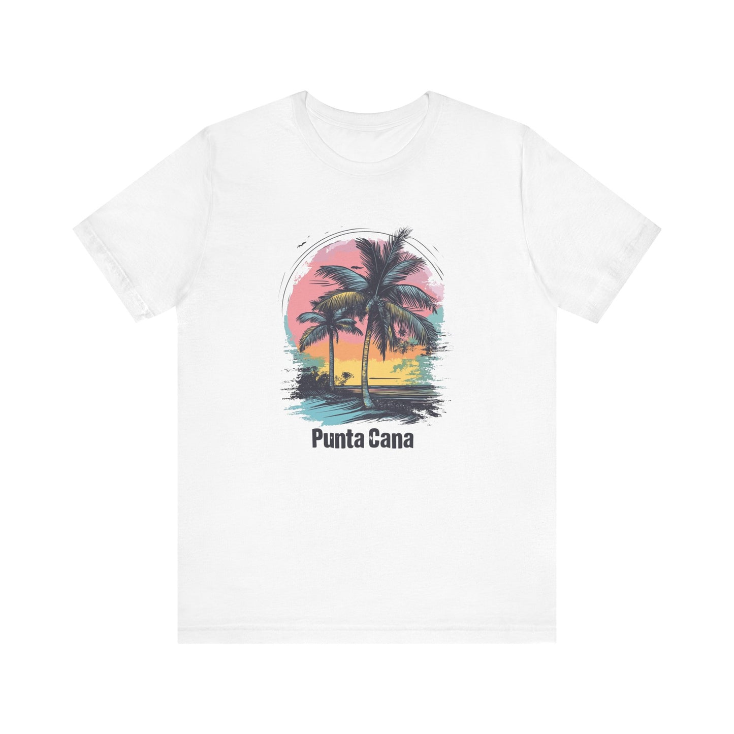 A white crew-neck T-shirt with a vibrant color design featuring palm trees and a sunset, and the text 'Punta Cana'.