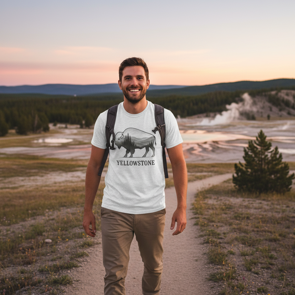 Man walking on a trail in Yellowstone National Park wearing a t-shirt with a bear graphic and 'Yellowstone' text.