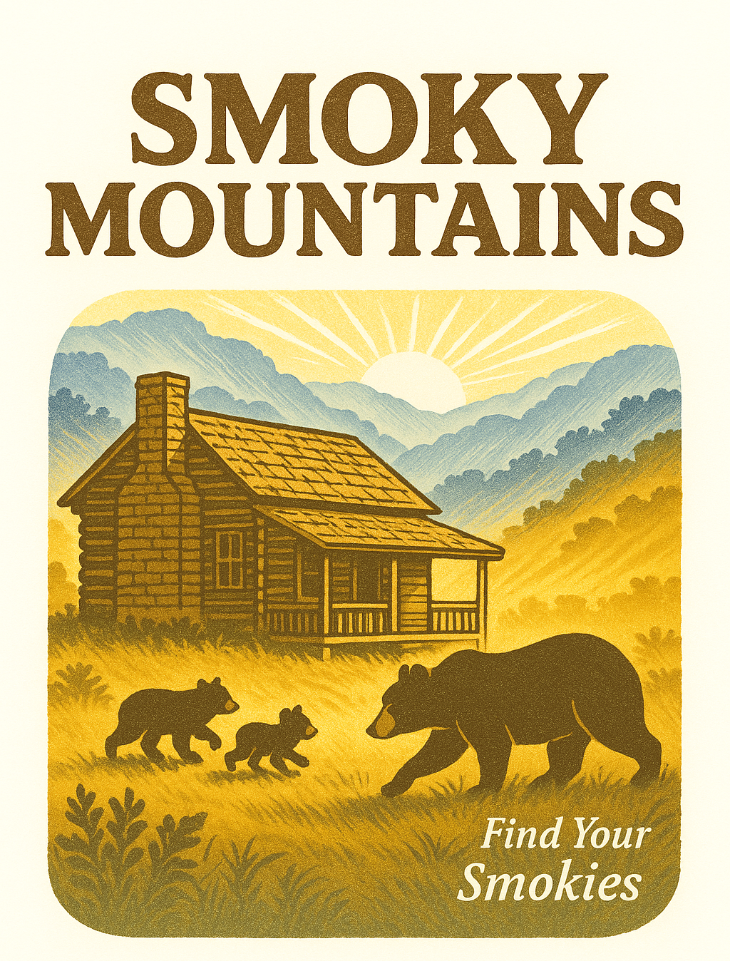 Retro log cabin with bear family and misty ridges plus Find Your Smokies text