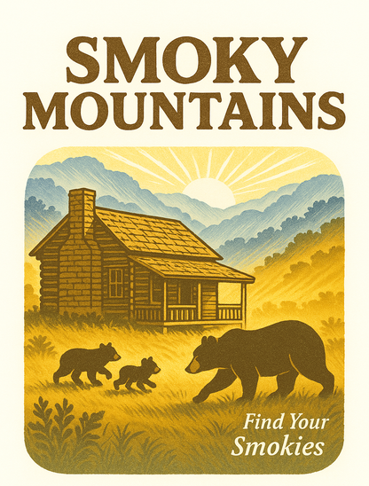 Retro log cabin with bear family and misty ridges plus Find Your Smokies text