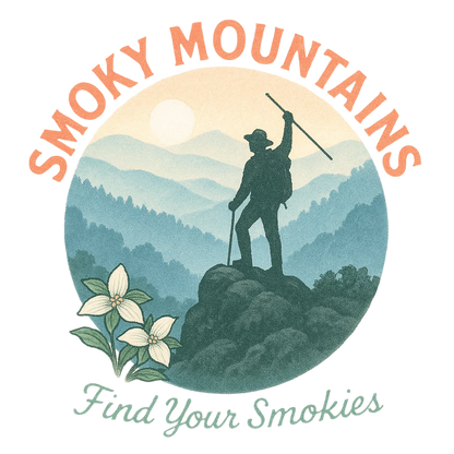 Sunrise hiker on misty Smoky Mountain ridges with Find Your Smokies text